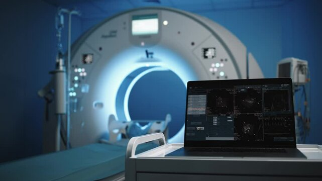 High-tech Medical equipment scanning capsule for magnetic resonance imaging. No people. AI in medicine, medical patient diagnosis, artificial intelligence in medical imaging on computer, laptop