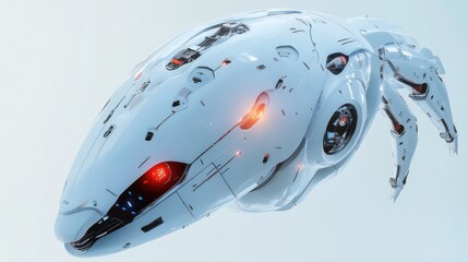 A futuristic robotic creature with a sleek metallic body, red eyes, and agile limbs, designed for advanced mobility and exploration.