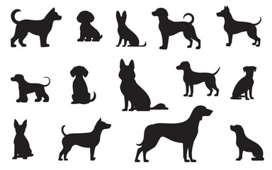 Black-and-White Dog Silhouette Collage: Various Breeds and Poses
