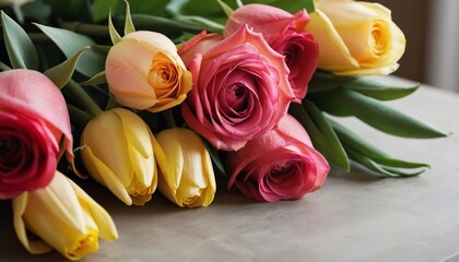 Colorful bouquet of roses and tulips perfect for brightening any occasion. Generative AI