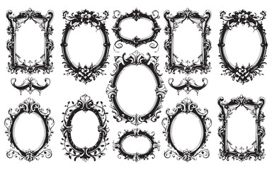 Intricately Hand-Drawn Vintage Frames with Ornate Floral and Baroque Detailing in Black and White