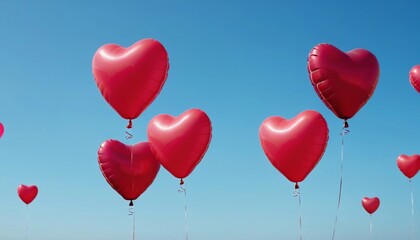 Heart-shaped balloons float against a clear blue sky, creating a joyful atmosphere of celebration. Generative AI