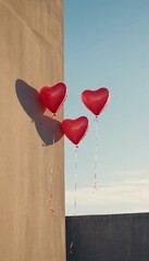 Heart-shaped balloons floating against a clear blue sky at sunset. Generative AI