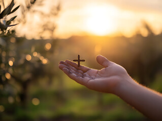 Sunset Hand Holding Small Cross Peaceful Nature Image