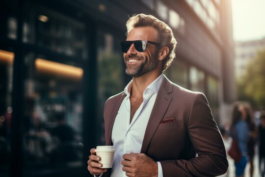 Happy entrepreneur walking in urban environment, wearing suit and sunglasses, enjoying a coffee break