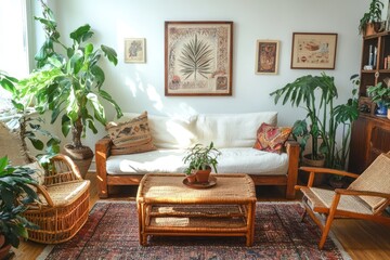 Sunlit living room, plants, vintage furniture, bohemian decor, home interior design
