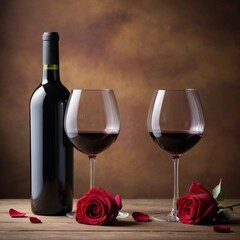 Romantic evening with red wine and roses as the perfect setting for love and connection. Generative AI