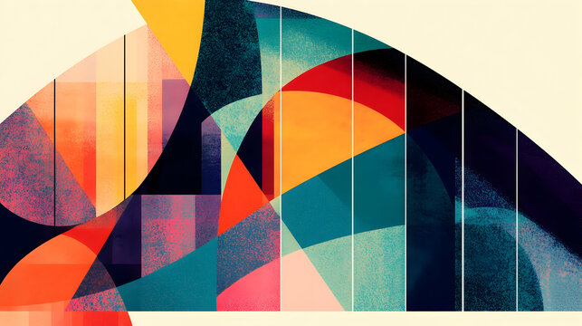 Abstract geometric art; vibrant colors, curved shapes, textured design; background suggests urban architecture; ideal for website banners or print design