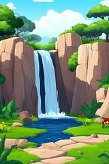 Serene Waterfall Landscape: Lush Green Foliage, Cascading Water, Cartoon Style