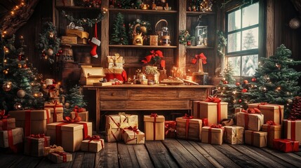 Obraz premium Traditional Christmas gift factory with wooden toys, wrapping, and cozy decor