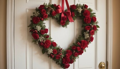 Heart-shaped floral wreath adorns a welcoming front door in a cozy home setting. Generative AI