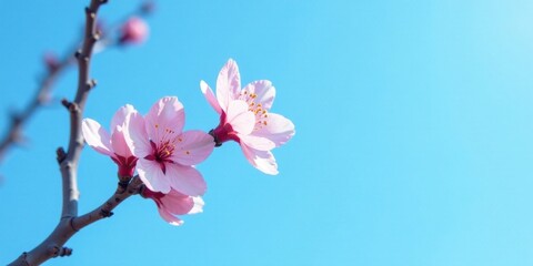 Obraz premium Delicate Pink Blossoms on a Branch Against a Vivid Blue Sky, a Symbol of Spring's Gentle Arrival and the Promise of New Beginnings