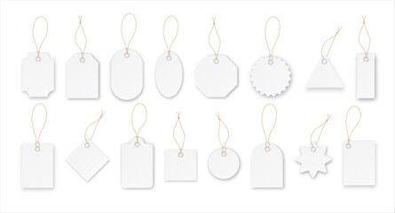 Blank paper price vector tags or gift tags in different shapes. Set of labels with cord. Vector