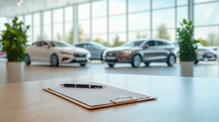 A modern car dealership interior with sleek vehicles on display. A clipboard and pen are in focus, symbolizing automotive sales and transaction preparation.