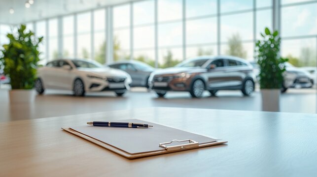 A modern car dealership interior with sleek vehicles on display. A clipboard and pen are in focus, symbolizing automotive sales and transaction preparation.