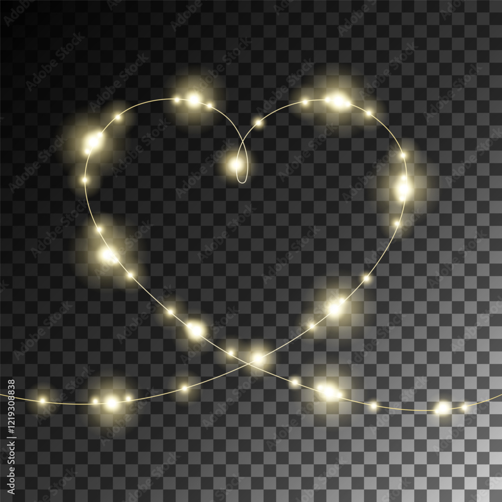 Aufkleber heart-shaped glowing string lights in a golden tone with a sparkling effect on a transparent backgro