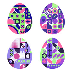 Set of featuring colorful Easter eggs with geometric patterns and floral motifs, combining modern and abstract design.Abstract Easter eggs in Modern geometric style set.Vector illustration