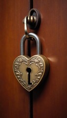 Heart-shaped lock adorns a wooden door, symbolizing love and secrecy in an intimate setting. Generative AI