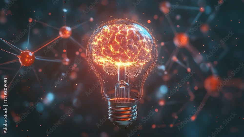 Poster abstract light bulb on dark wide background with digital brain and atom outline and mock up place. a