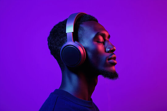 Man enjoys music with headphones. Young man with headphones listens to upbeat music. Profile portrait, vibrant colors, stylish. Studio shot. Stylish modern lifestyle. Trendy fashion accessory. Man