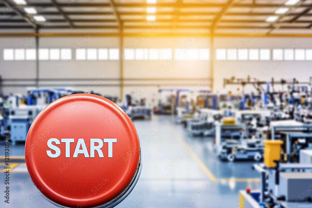 Poster red start button in busy factory