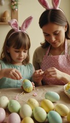 Joyful moments of egg decorating with mother and daughter during spring festivities. Generative AI