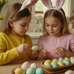 Kids creating colorful Easter eggs while wearing bunny ears in a bright kitchen. Generative AI