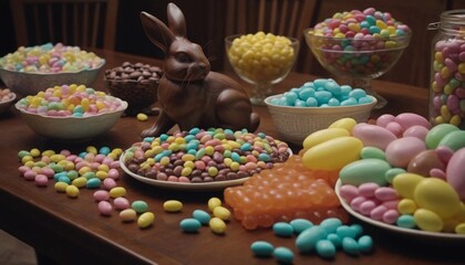 Colorful candy celebration featuring a chocolate bunny and pastel treats on a festive table. Generative AI