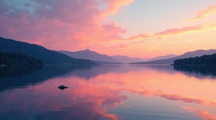 Naklejka premium Serene Sunset Reflection on Still Lake Waters, Surrounded by Majestic Mountains at Dusk