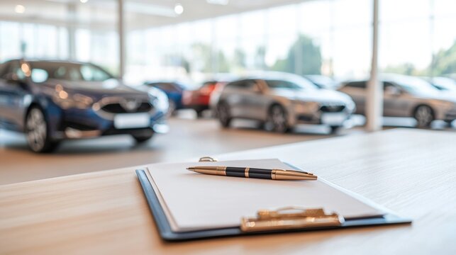 A sleek car showroom featuring various modern vehicles. The focus is on a clipboard with a pen, symbolizing sales, deals, and customer service in the automotive industry.