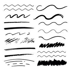 a set of templates of black paint strokes by hand on a white background, a collection of brushes and strokes
