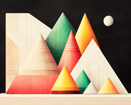 Abstract geometric landscape at night; colorful cones and shapes under a celestial moon; ideal for design backgrounds