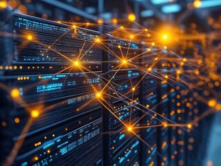 Modern high-tech data center. Complex network of interconnected servers displays data storage, retrieval. Advanced tech solutions visible. Powerful computing infrastructure highlighted. Enterprise