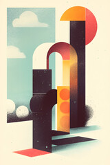 Abstract geometric landscape with sun, clouds, and architectural forms; ideal for website banners or print design