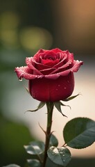 Vibrant red rose adorned with droplets captures the essence of nature's beauty in soft evening light. Generative AI