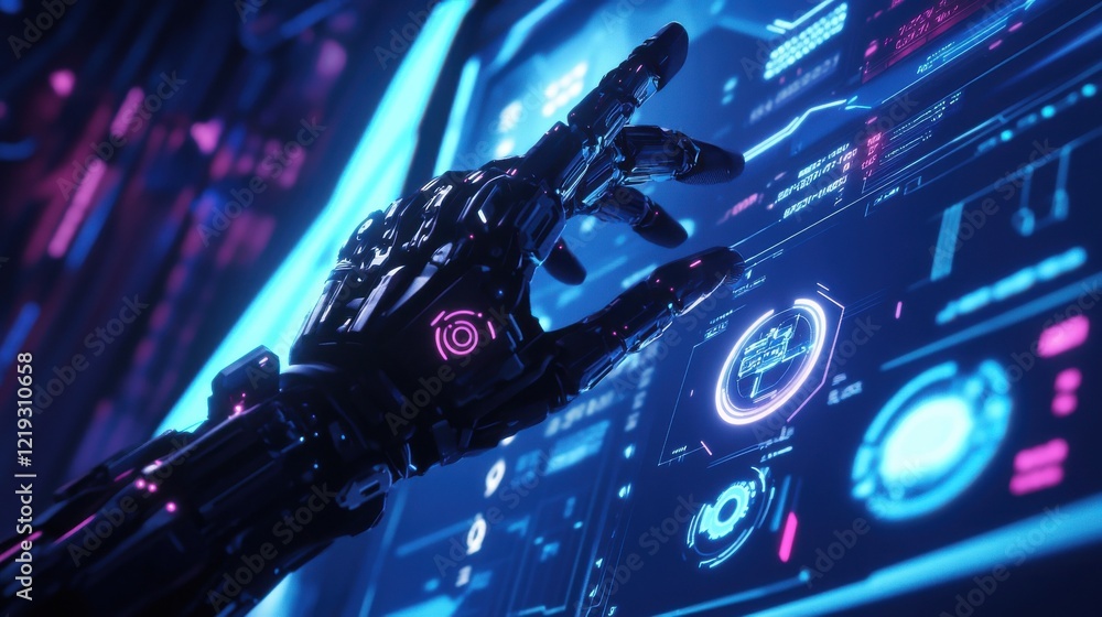 Poster a robotic hand interacts with a futuristic digital interface, analyzing data and charts with a glowi