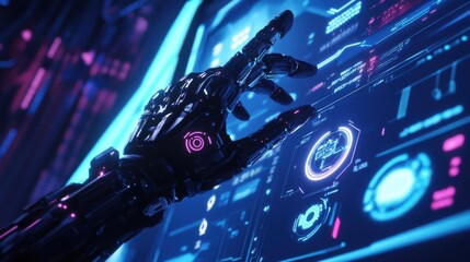 A robotic hand interacts with a futuristic digital interface, analyzing data and charts with a glowing blue screen in the background.