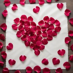 Heart-shaped arrangement of rose petals on white parchment for a romantic occasion. Generative AI