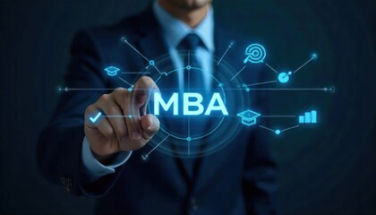 A professional in a suit interacts with a digital display featuring "MBA" and related icons.