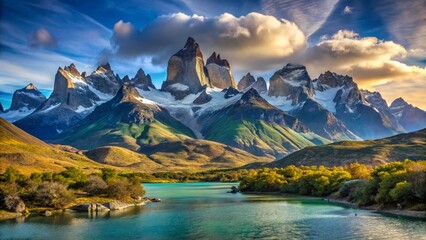 The Torres del Paine Mountains.; Torres del Paine, Chile.
