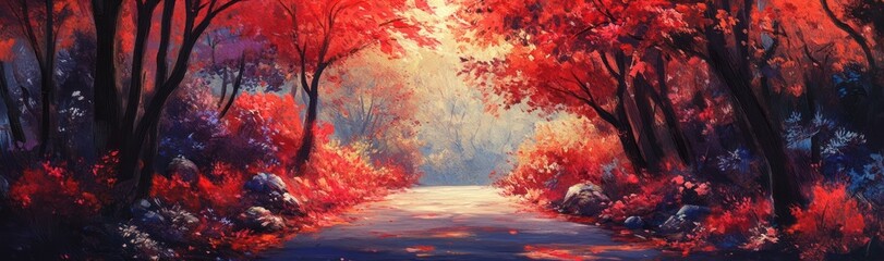 Autumnal Path Through a Vivid Red Forest