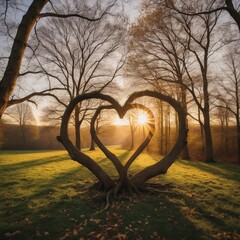 Enchanting heart-shaped trees embrace the setting sun in a serene landscape. Generative AI
