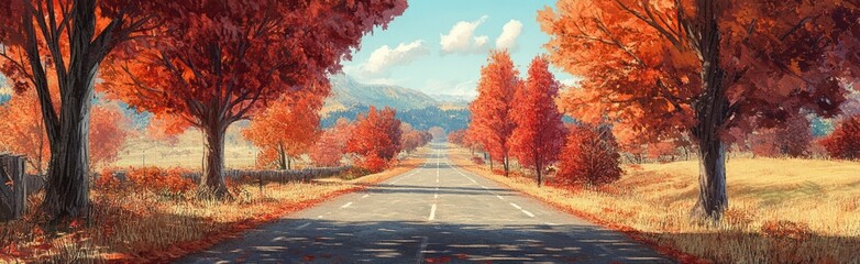 Naklejka premium Autumn Road Scene With Colorful Trees And Scenic View
