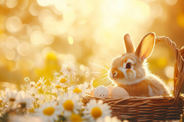 A rabbit peacefully rests beside a basket filled with wildflowers and eggs, bathed in warm sunlight filtering through lush trees during a tranquil spring day