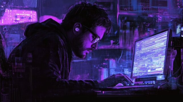 Focused programmer coding late at night - An intense visual of a coder deeply concentrated on programming in a dimly lit room
