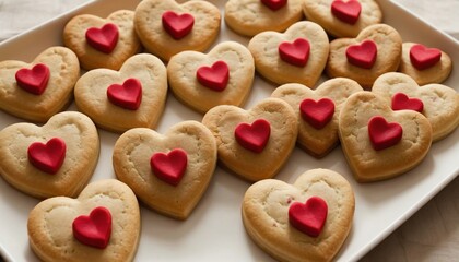 Sweet heart-shaped cookies adorned with red fondant hearts on a decorative plate. Generative AI