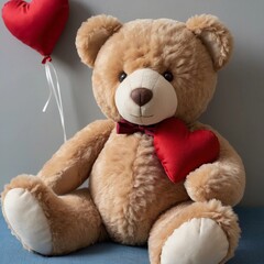 Soft teddy bear with heart-shaped accessory in cozy indoor setting radiating warmth and affection. Generative AI