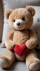 Soft teddy bear holding a red heart sits on a cozy couch in a warm living room. Generative AI