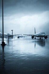 Flooded airport with stranded planes raw style colors gray white blue