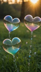 Bubbles of love glistening in the warm sunlight over a grassy field at dusk. Generative AI